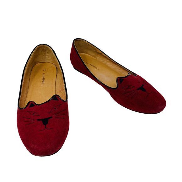 C Label Cat Face Loafer Flats Burgundy Red Faux Suede Women's Shoes 9 - Picture 5 of 13